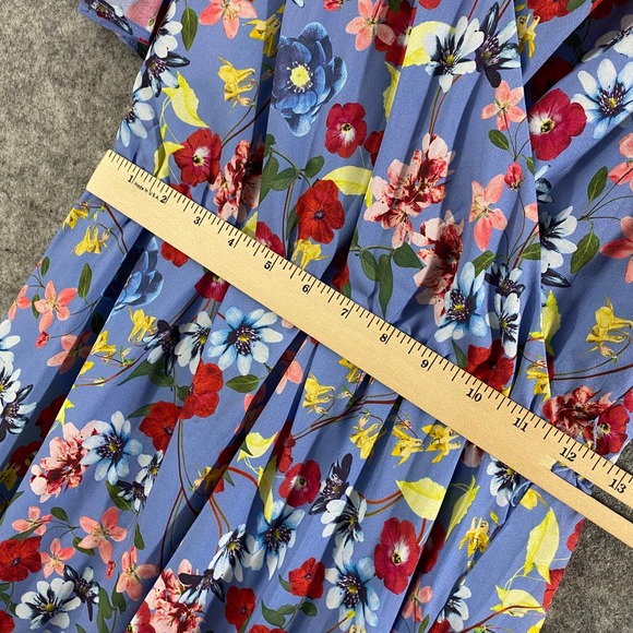 Parker Midi Wrap Dress Small Blue Floral Print Short Sleeve A-Line High-Low - Picture 7 of 11